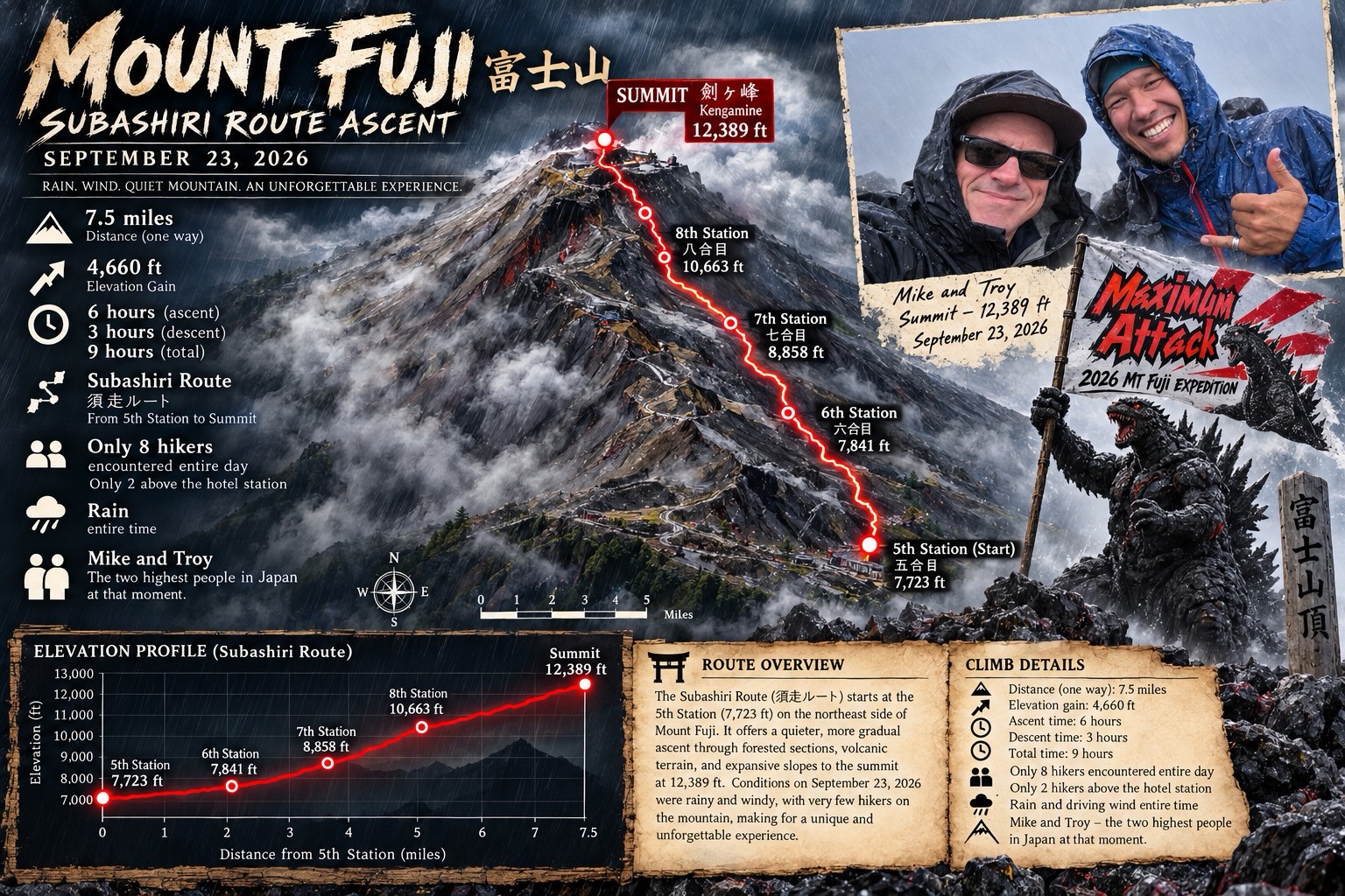 Mount Fuji expedition poster: Mike and Troy's September 23, 2026 ascent via the Subashiri Route, with a summit photo, route map, elevation profile, and Maximum Attack artwork.